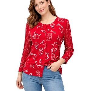 Nygard Collection Red White Graphic Print Mesh Sleeve Cardigan Sweater M Artsy